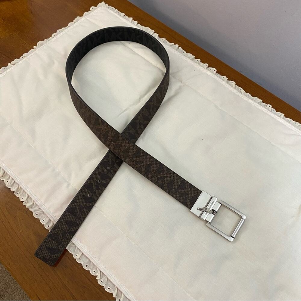 Michael Kors Reversible Belt Logo Signature Belt Brown Black Chrome Buckle Large